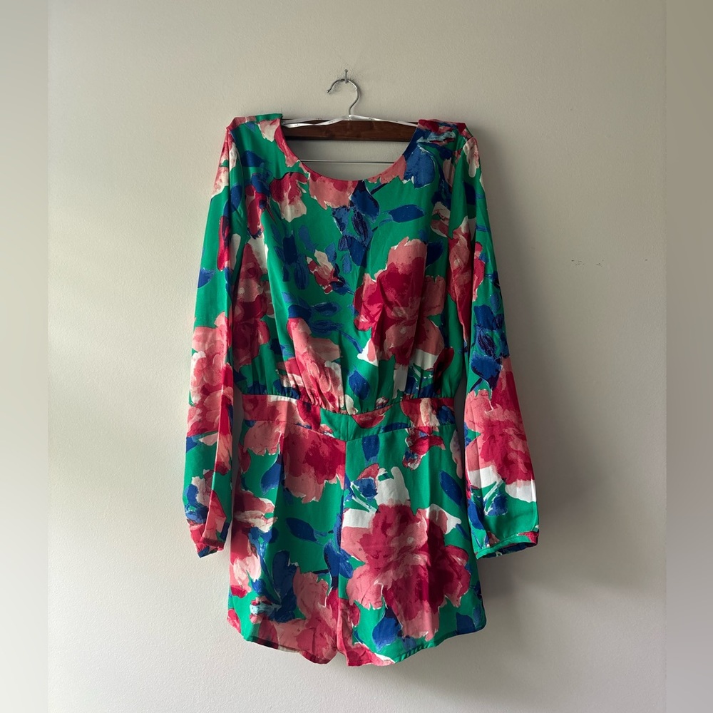 Lulu's Green Floral Long-Sleeve Romper with Pink & Blue Accents